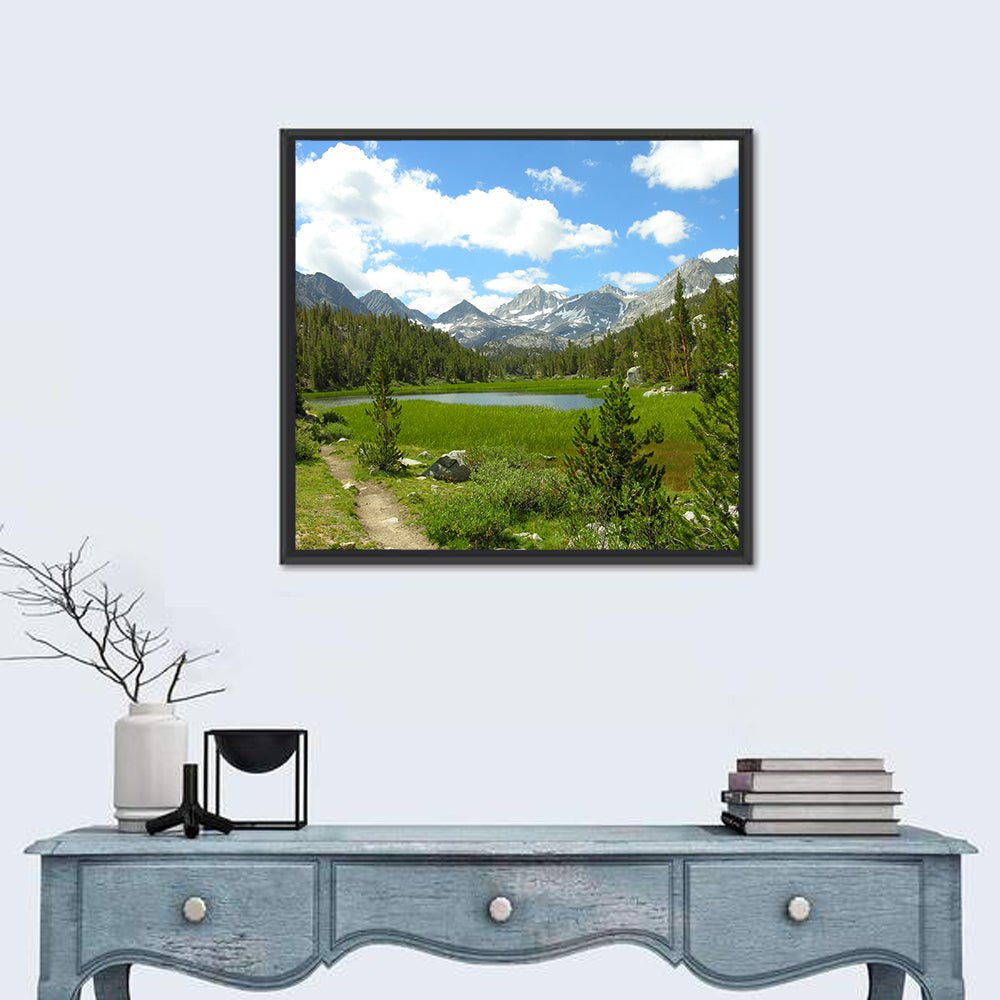 Sierra Nevada Trail to Snow Capped Peaks Wall Art in a room, square