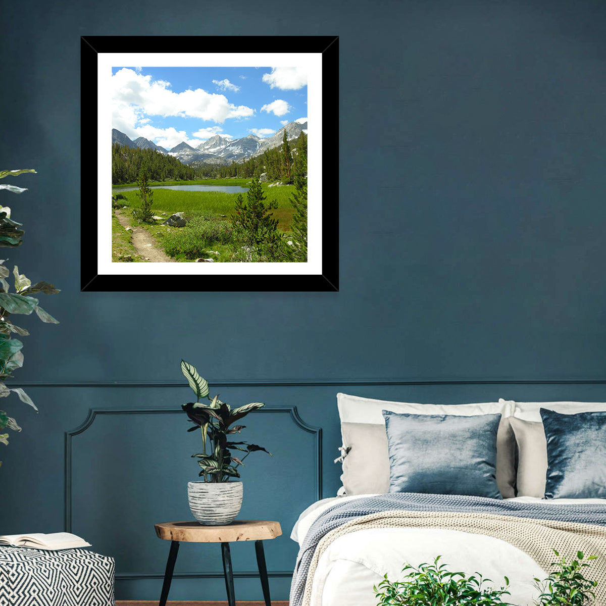 Sierra Nevada Trail to Snow Capped Peaks Wall Art in a room, square