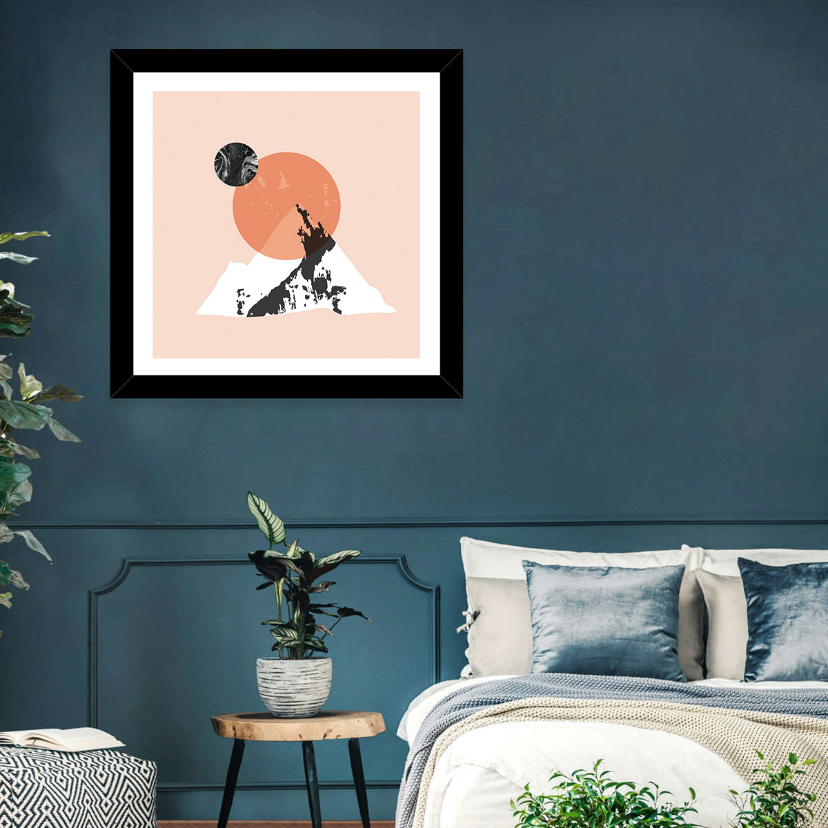 Abstract Mountain Sun and Moon Wall Art in a room, square