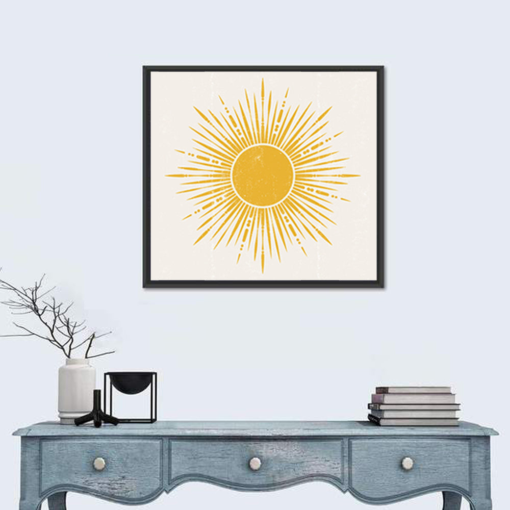 Golden Sunburst Boho Minimalist Wall Art in a room, square