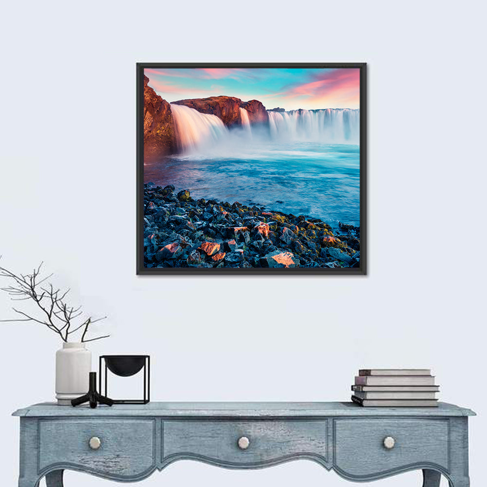 Goðafoss Waterfall at Sunset Wall Art in a room, square