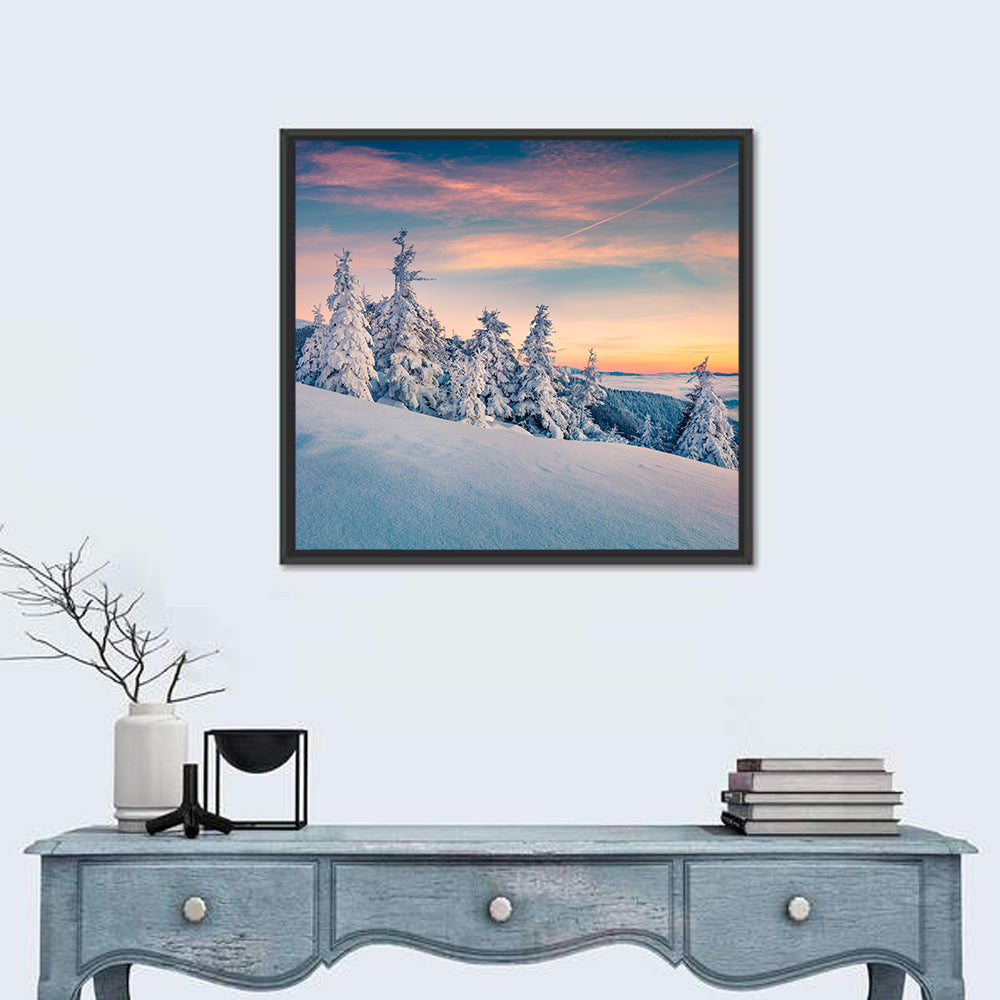 Snowy Carpathian Sunset Wall Art in a room, square