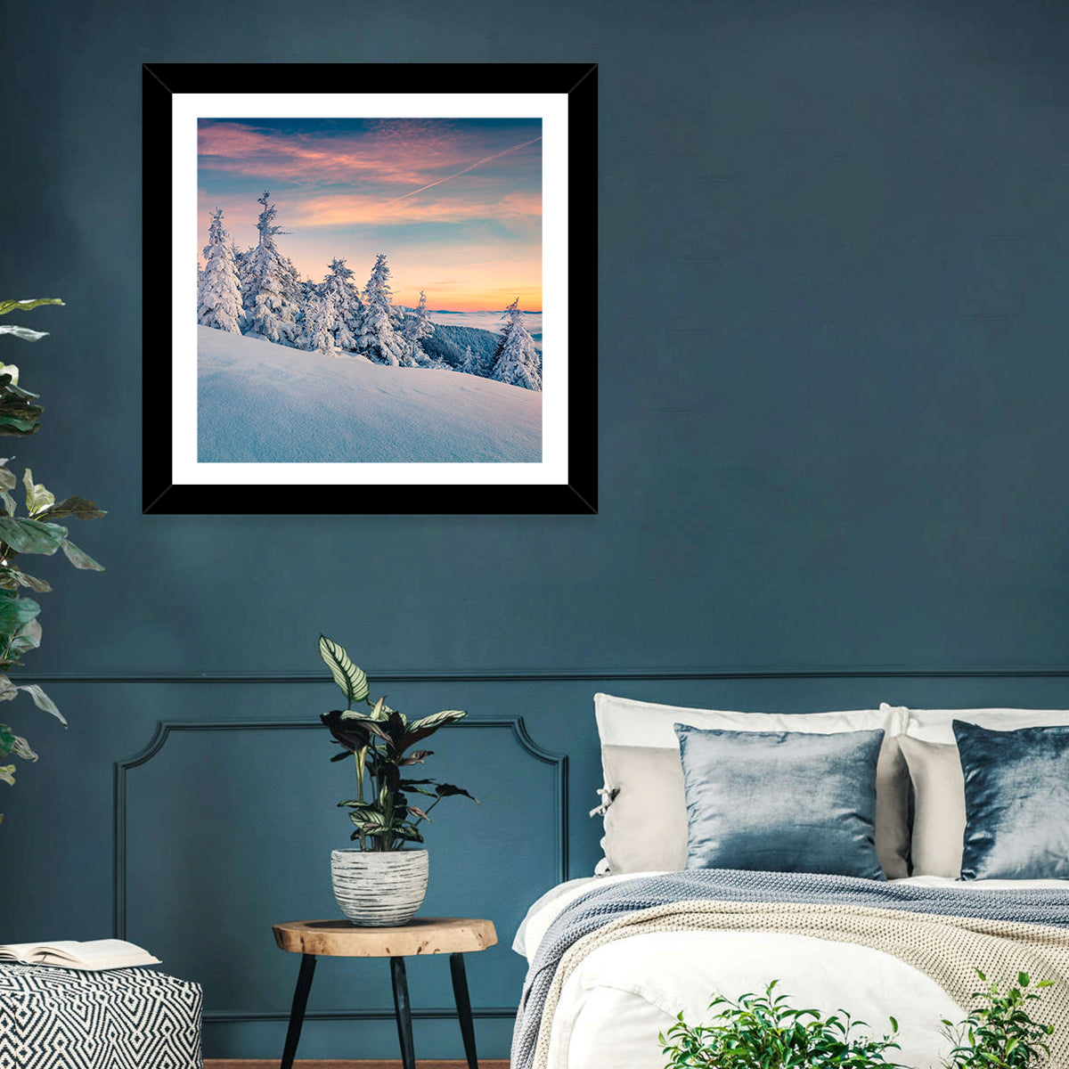 Snowy Carpathian Sunset Wall Art in a room, square