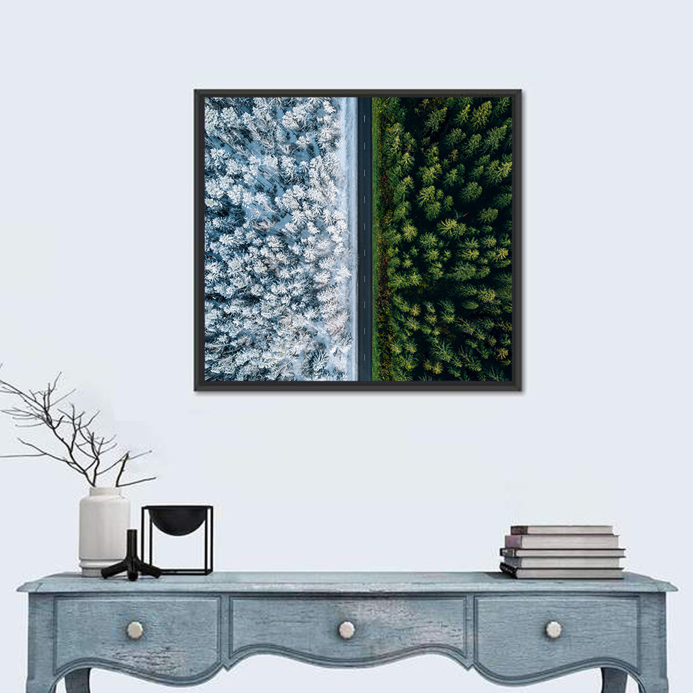 Summer and Winter Forests Wall Art in a room, square