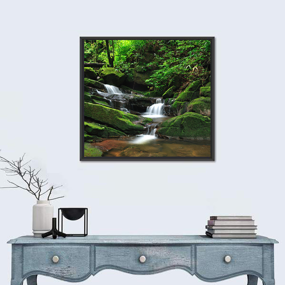 Mossy Rainforest Stream Wall Art in a room, square