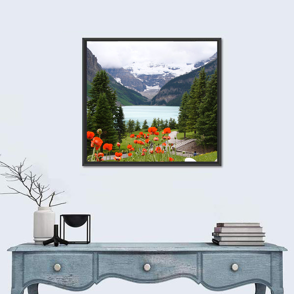 Lake Louise Poppies Wall Art in a room, square