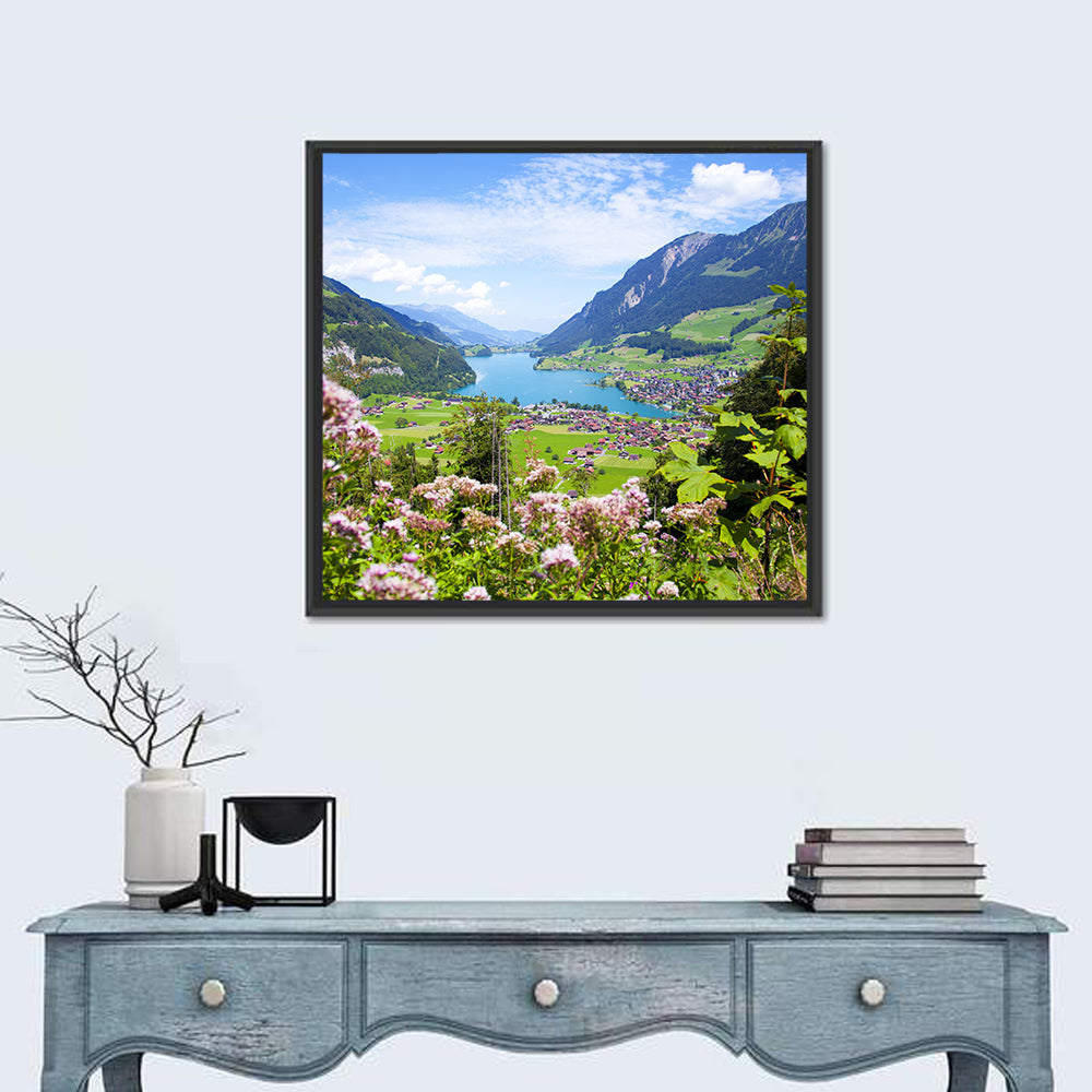 Lungern Village with Wildflowers Wall Art in a room, square