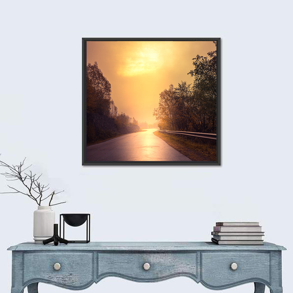 Windy Misty Forest Road Wall Art in a room, square