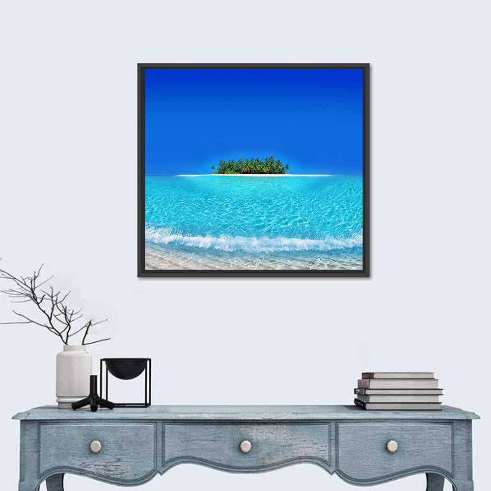 Turquoise Atoll Sandbar with Palm Trees Wall Art in a room, square
