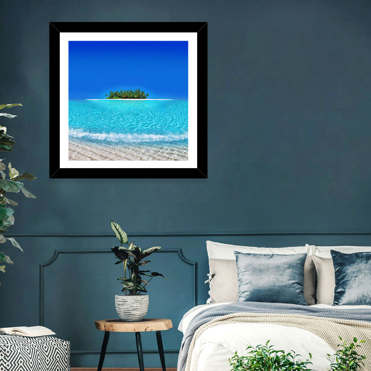 Turquoise Atoll Sandbar with Palm Trees Wall Art in a room, square