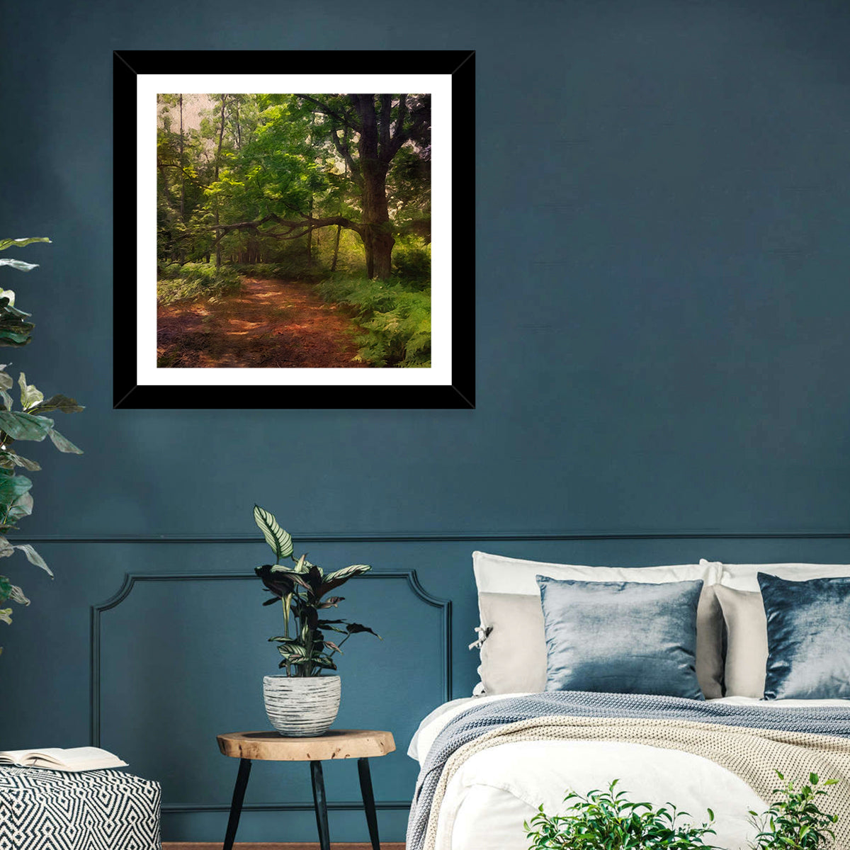 Sunlit Forest Trail Wall Art in a room, square