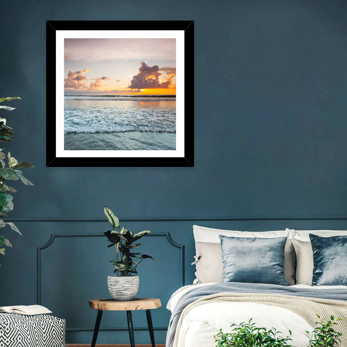 Golden Hour Beach Sunset Surf Wall Art in a room, square