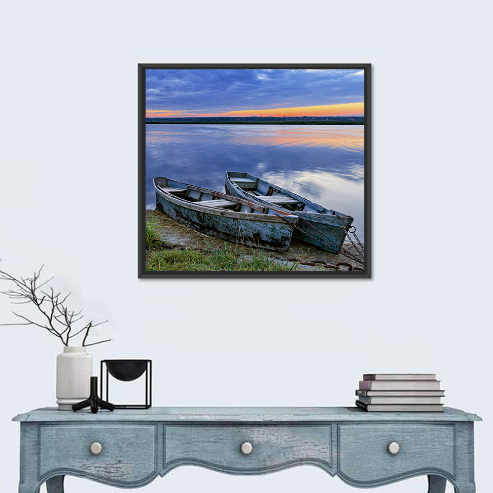 Chained Rowboats at Dusk Wall Art in a room, square