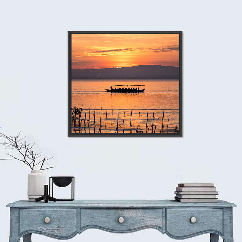 Albufera Sunrise Boat Silhouette Wall Art in a room, square