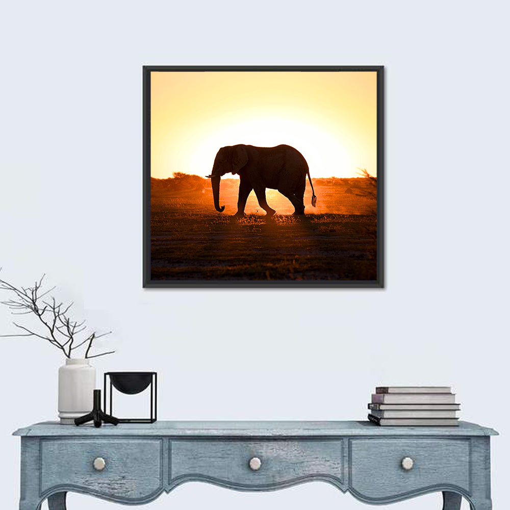 Golden Hour Elephant Silhouette Wall Art in a room, square