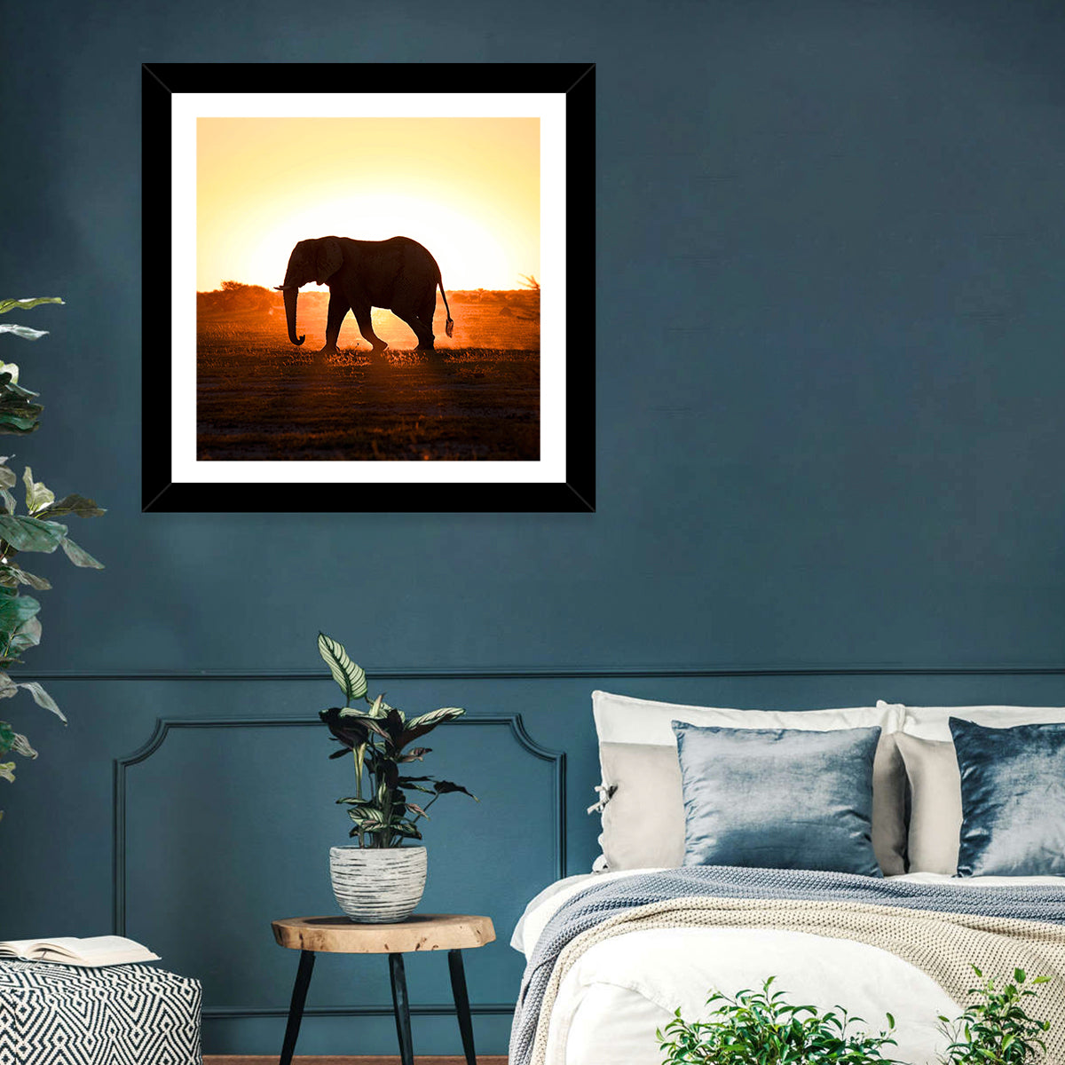 Golden Hour Elephant Silhouette Wall Art in a room, square