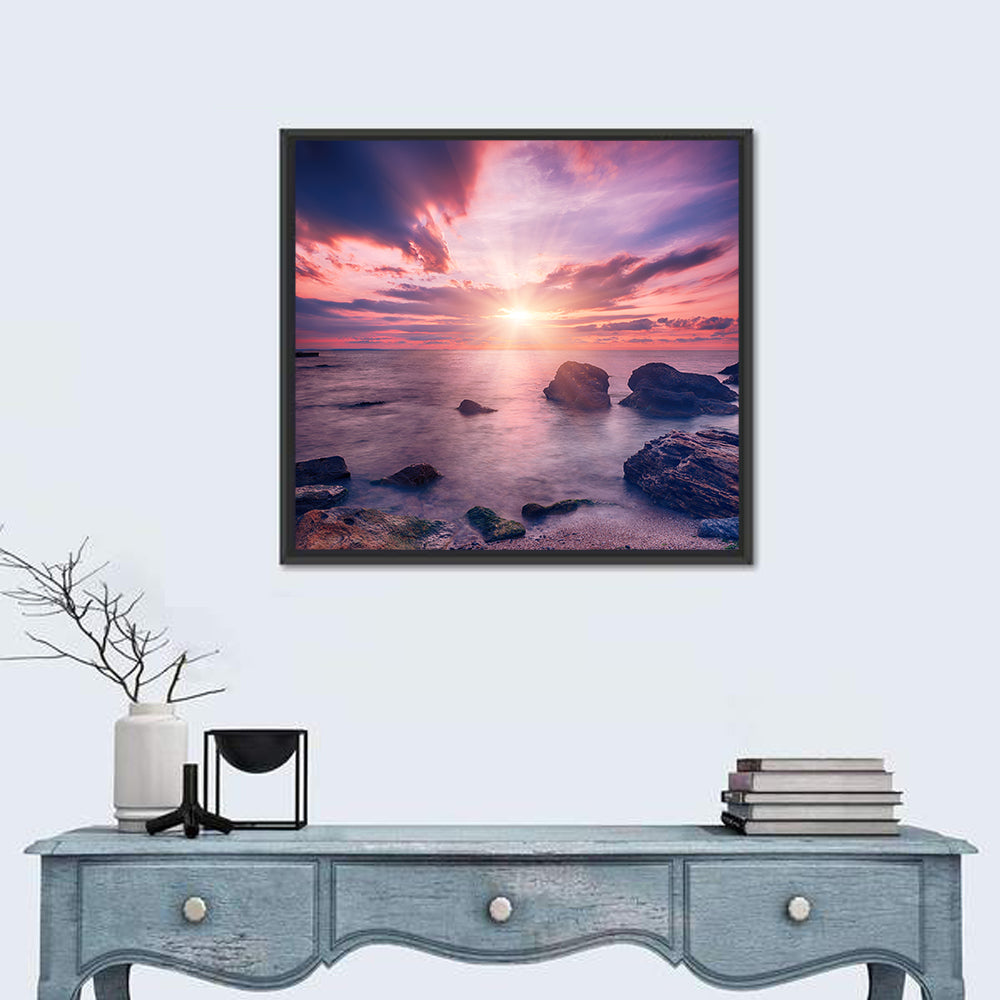 Ethereal Sea Sunrise Wall Art in a room, square