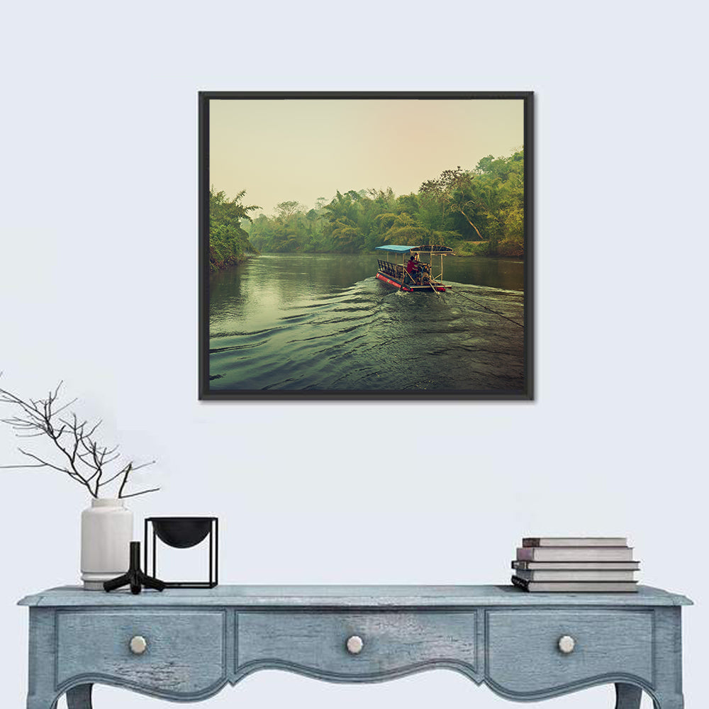 Misty Long-tail Boat on River Kwai Wall Art in a room, square