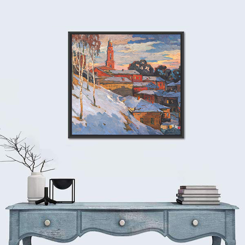 Snowy Village with Church Tower Wall Art