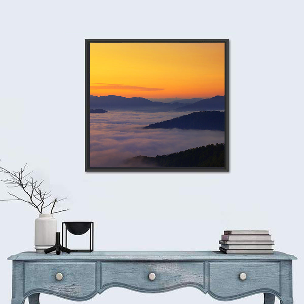 Cloud Sea Over Mountains at Golden Dawn Wall Art in a room, square