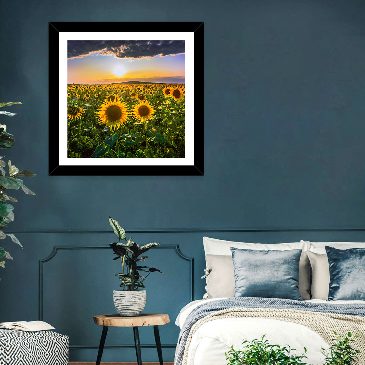 Sunflower Field at Golden Hour Wall Art in a room, square