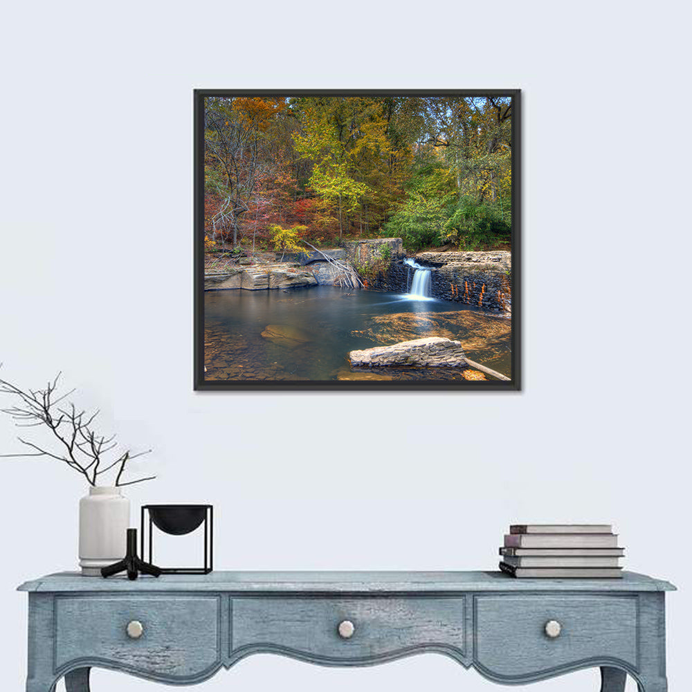 Freeman Mill Stone Dam Pond Wall Art in a room, square
