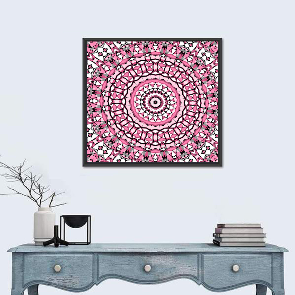 Pink Mosaic Kaleidoscope Mandala Wall Art in a room, square
