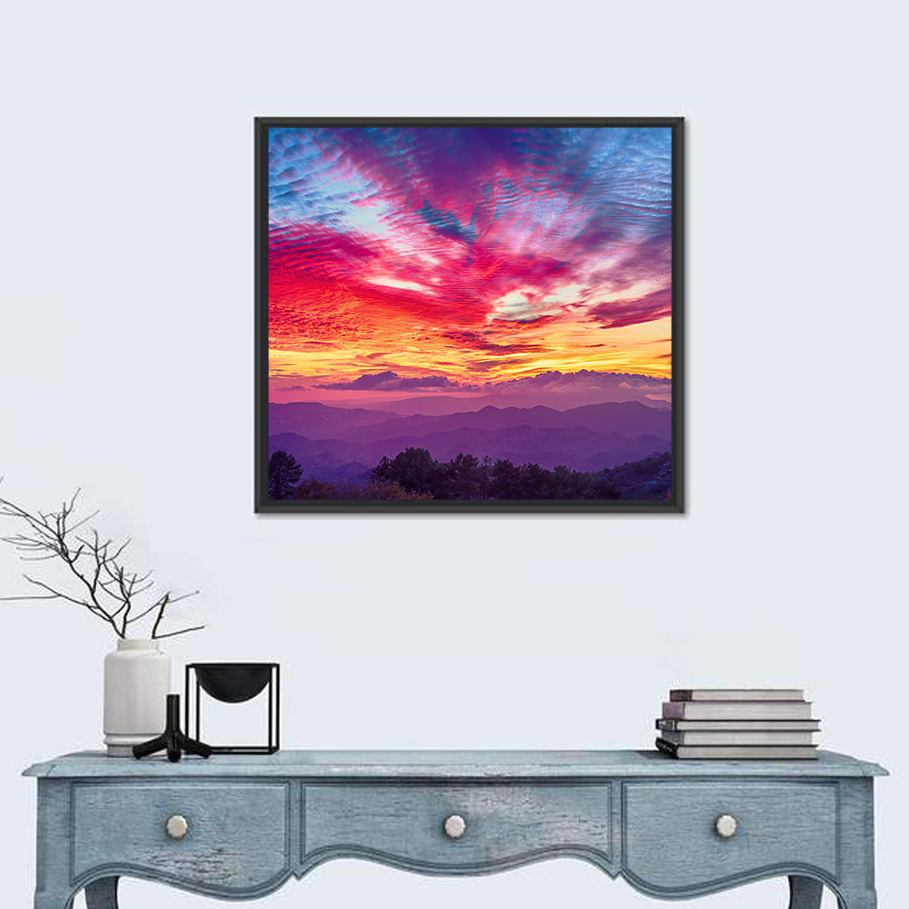 Golden Dusk Cloud Mountains Wall Art in a room, square
