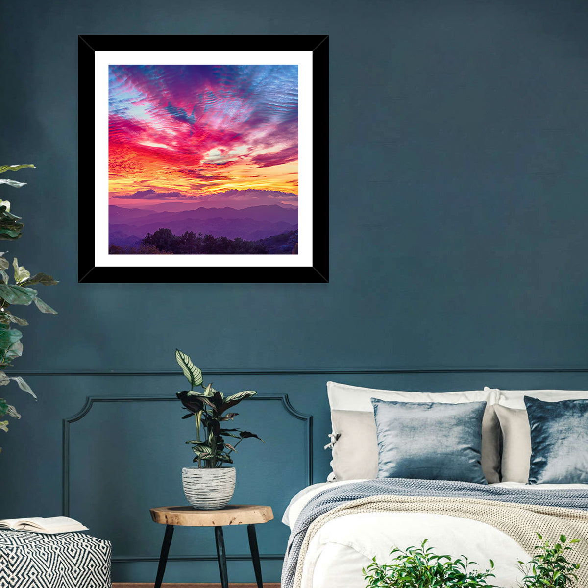 Golden Dusk Cloud Mountains Wall Art in a room, square