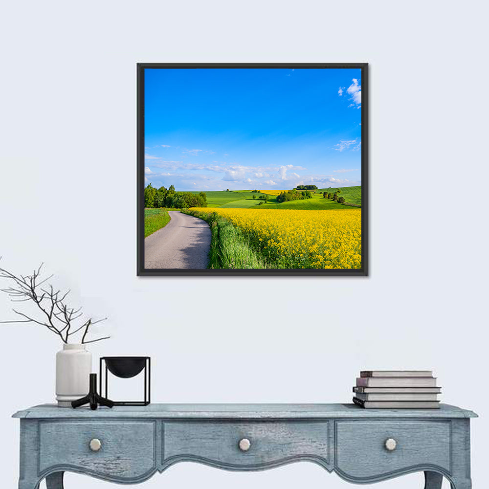 Rapeseed Field Road Under Blue Sky Wall Art