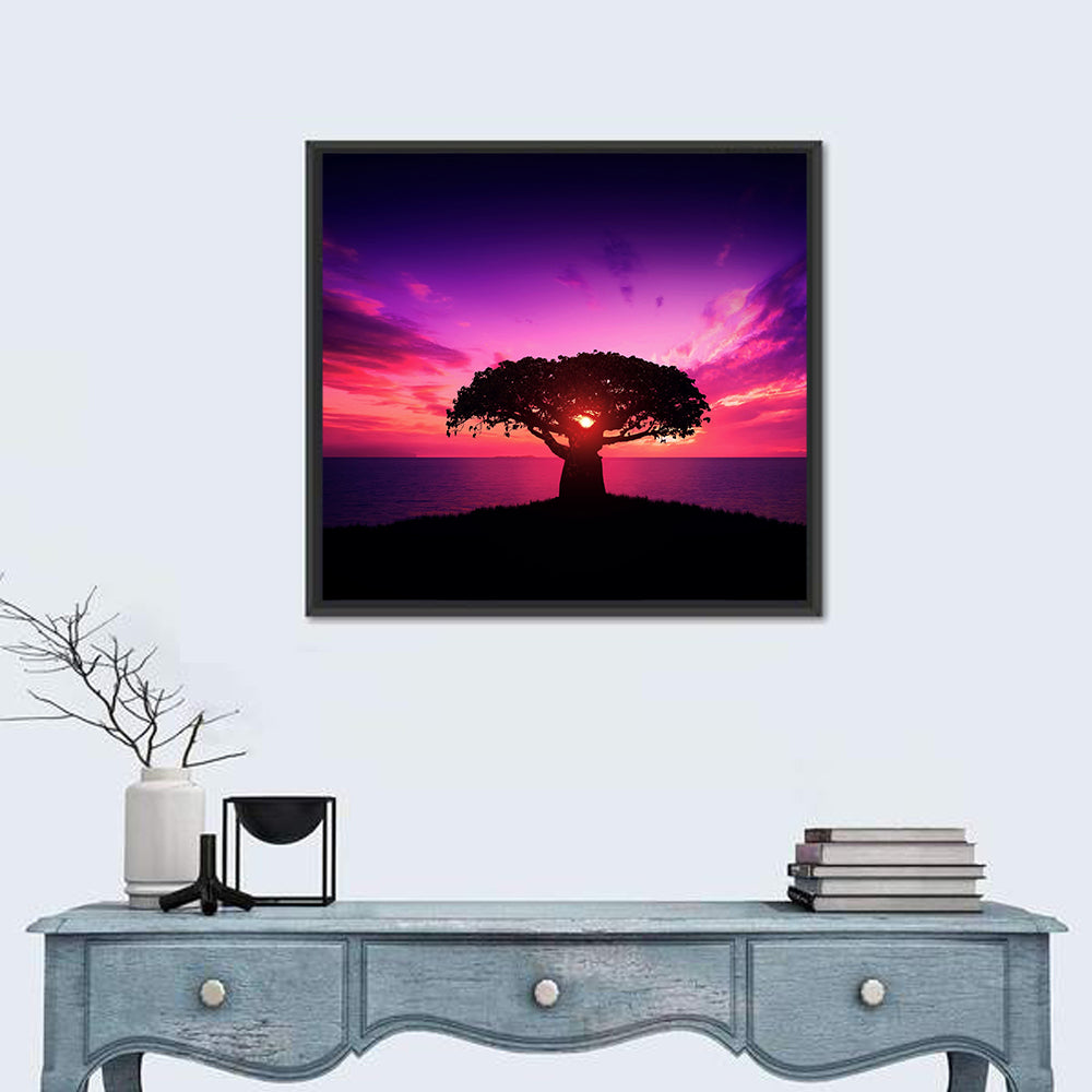 Baobab Sunset Silhouette Wall Art in a room, square