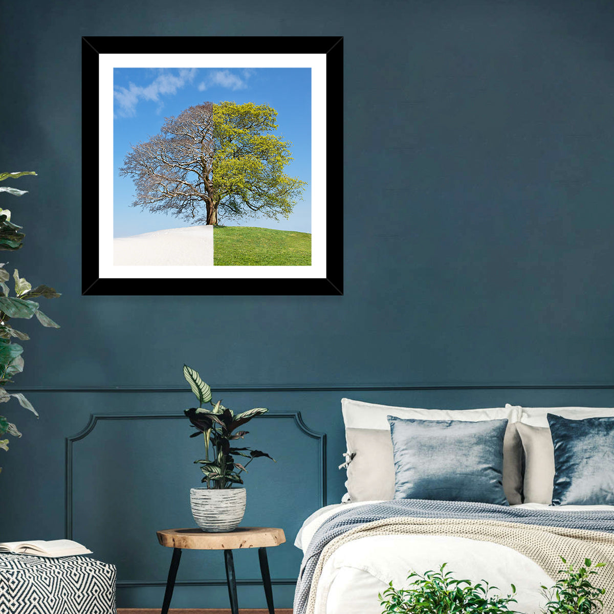 Split Season Tree Landscape Wall Art in a room, square