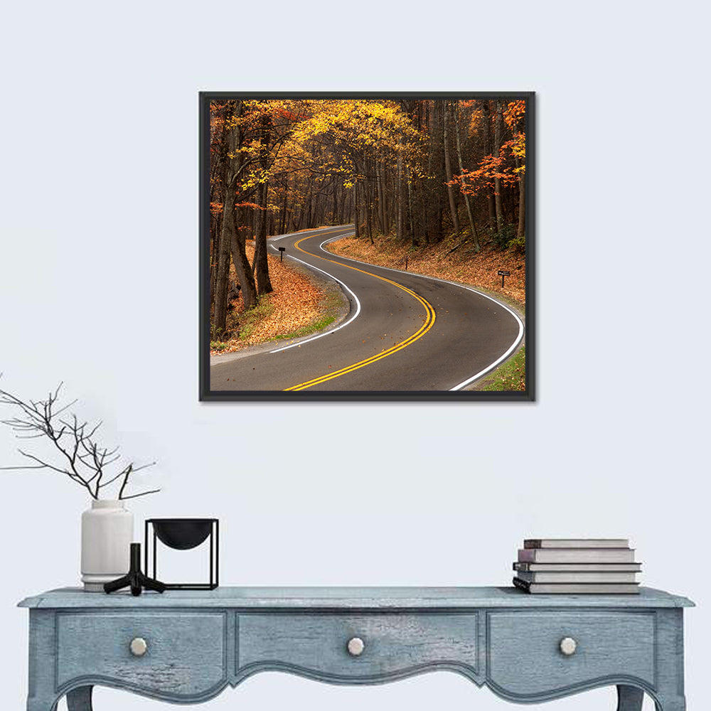 S-curve Road Through Autumn Forest Wall Art in a room, square