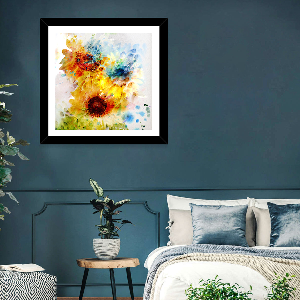 Watercolor Sunflower Trio Wall Art in a room, square