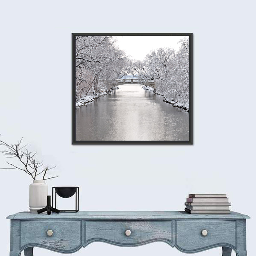 Yahara River Winter Stone Bridge Wall Art in a room, square