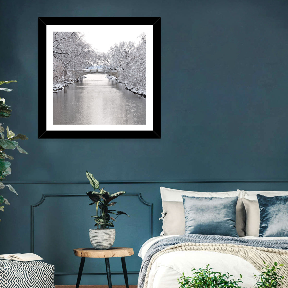 Yahara River Winter Stone Bridge Wall Art in a room, square