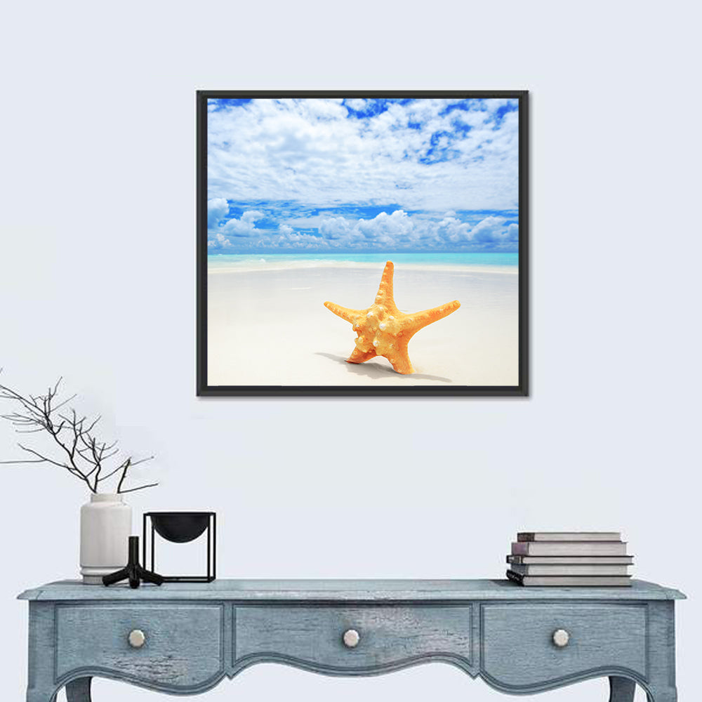 Minimalist Yellow Starfish on Turquoise Shore Wall Art in a room, square