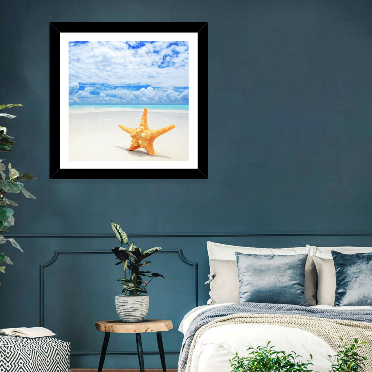 Minimalist Yellow Starfish on Turquoise Shore Wall Art in a room, square