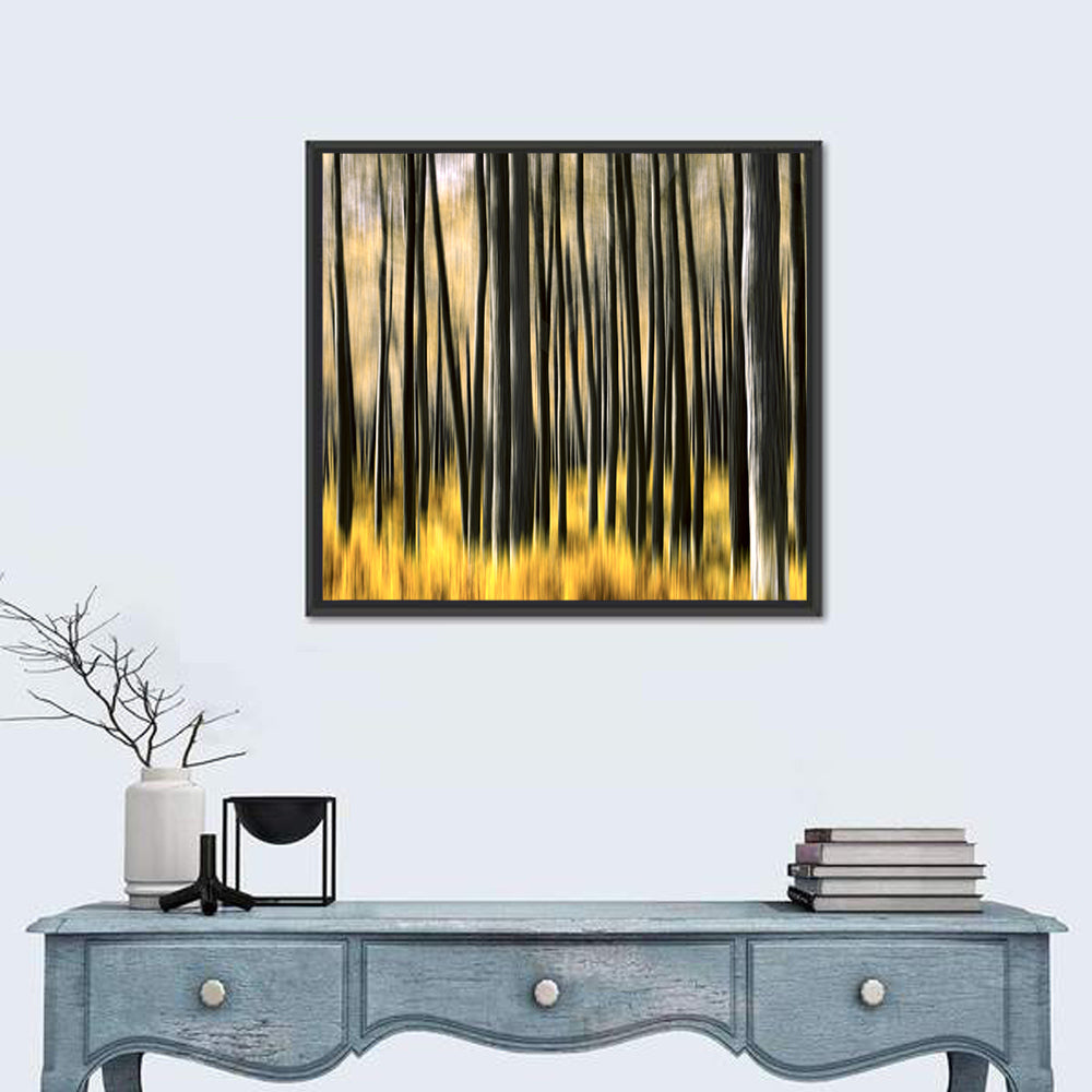 Golden Abstract Forest Wall Art in a room, square