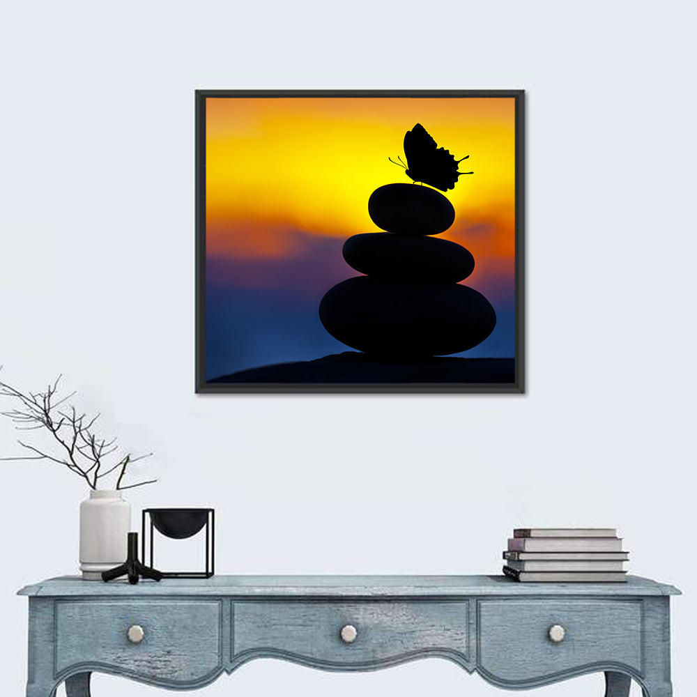 Stacked Spa Stones with Butterfly Wall Art in a room, square