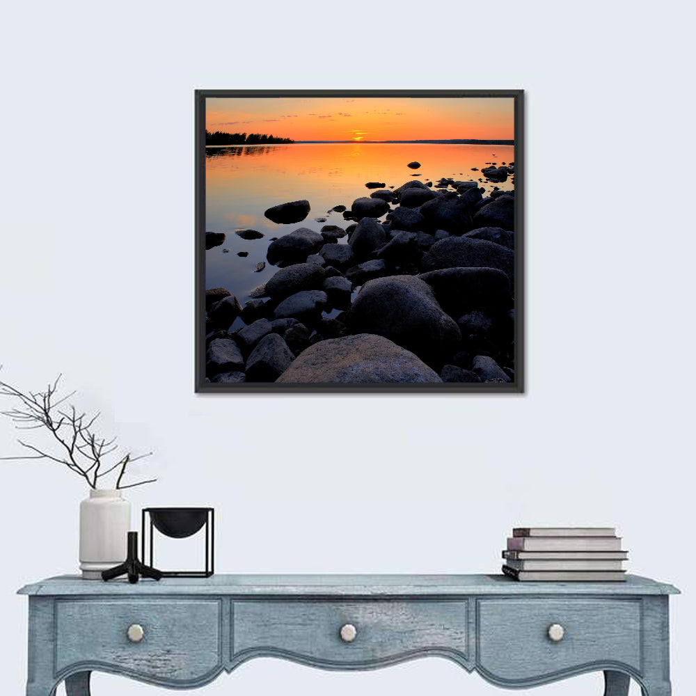 Rocky Lake Sunset Wall Art in a room, square
