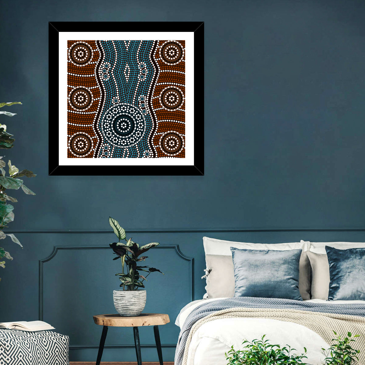 Concentric River Dot Painting Wall Art in a room, square