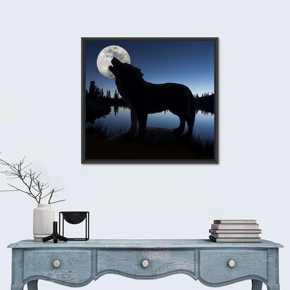 Howling Wolf at Full Moon Wall Art in a room, square