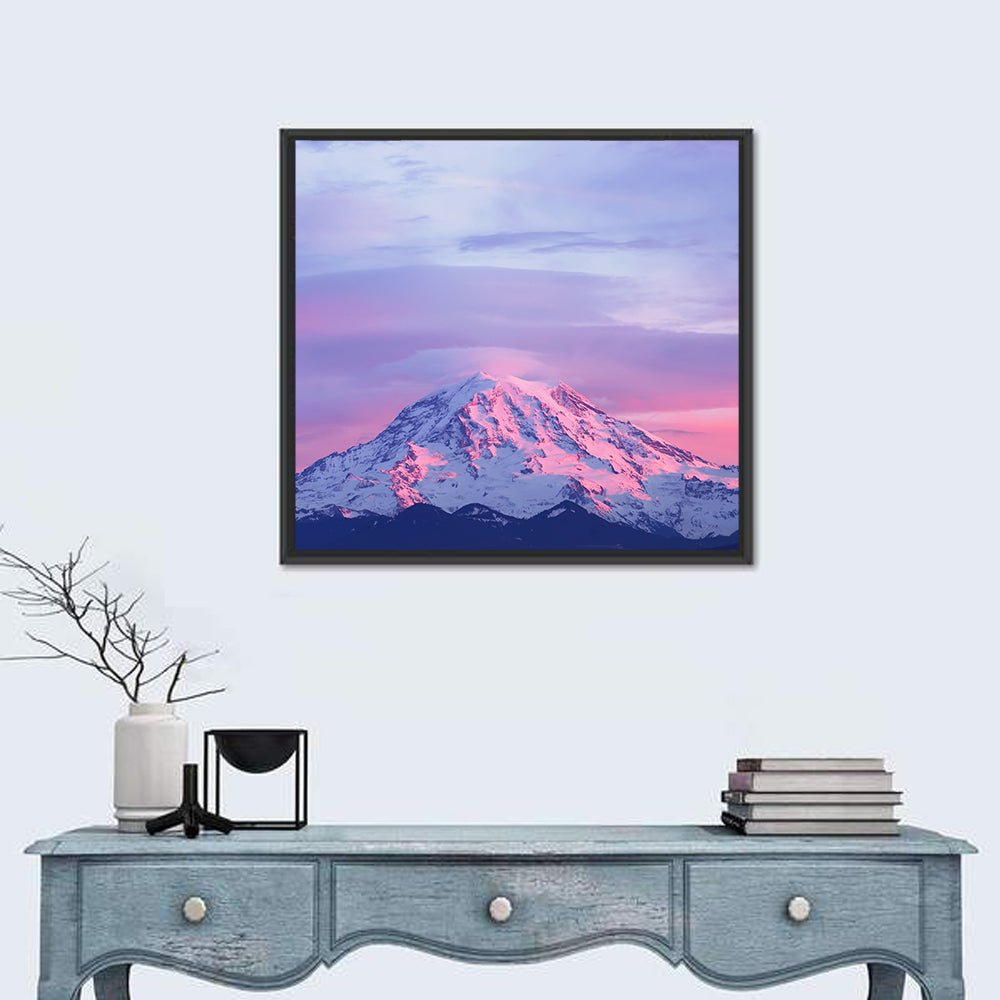 Mount Rainier Alpenglow with Lenticular Cloud Wall Art in a room, square