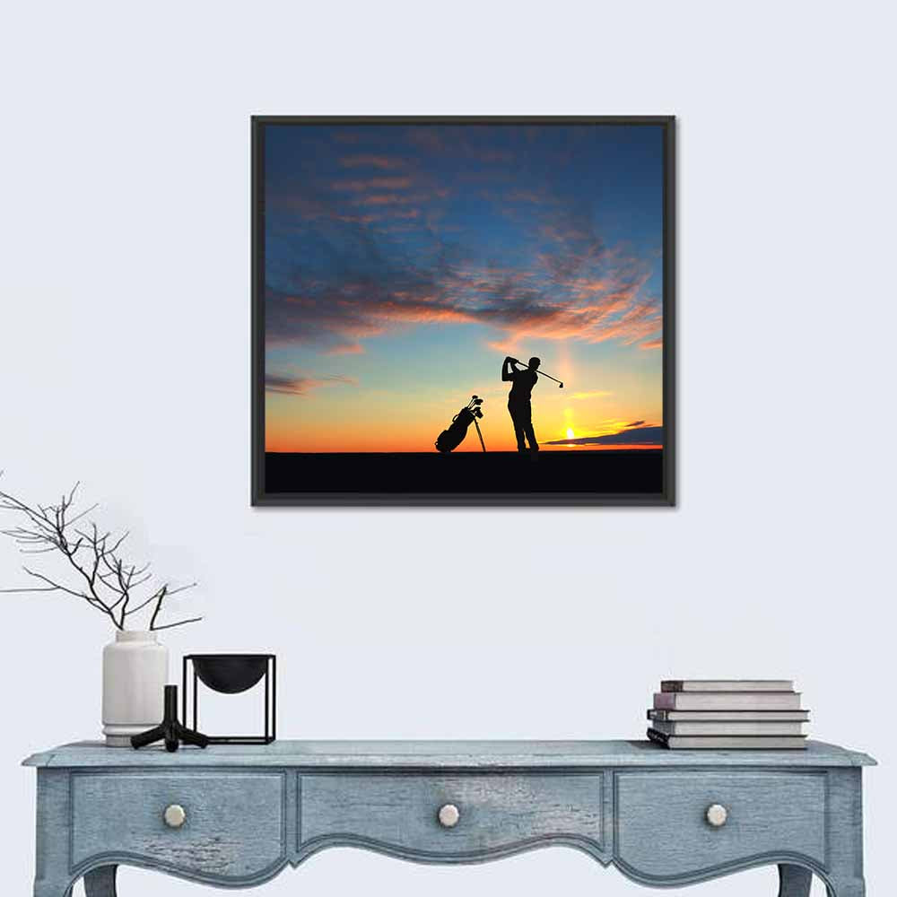 Sunset Golfer Silhouette Wall Art in a room, square