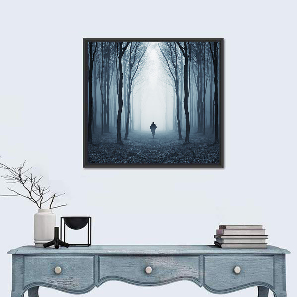 Lone Figure in Misty Forest Wall Art in a room, square