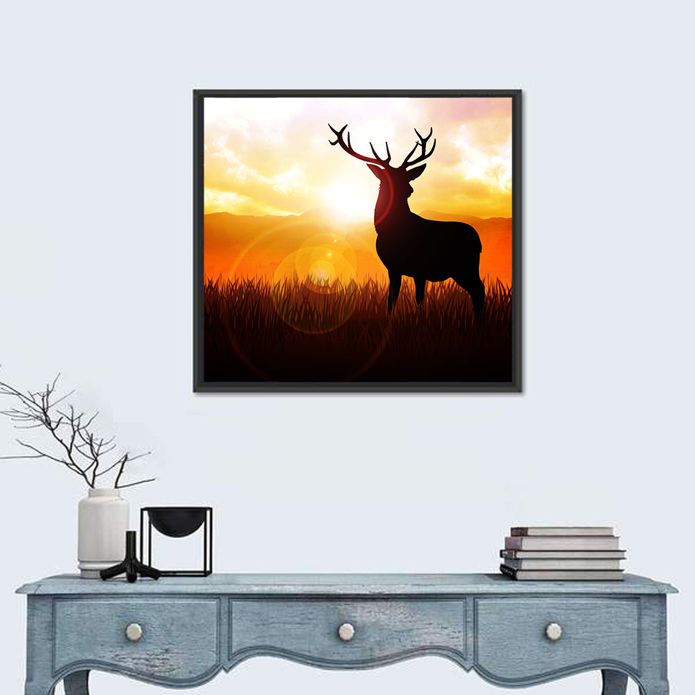 Golden Hour Deer Silhouette Wall Art in a room, square