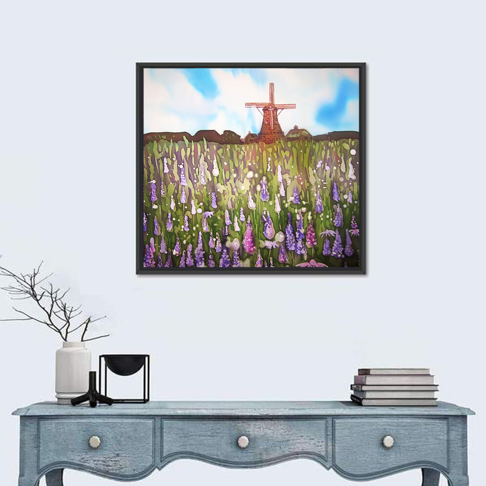 Ink Wash Windmill in Blooming Field Wall Art