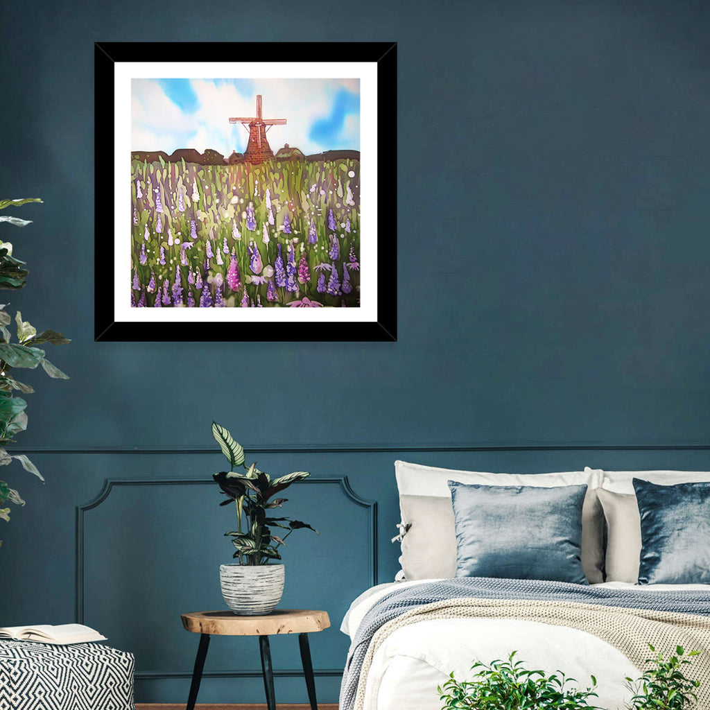 Ink Wash Windmill in Blooming Field Wall Art