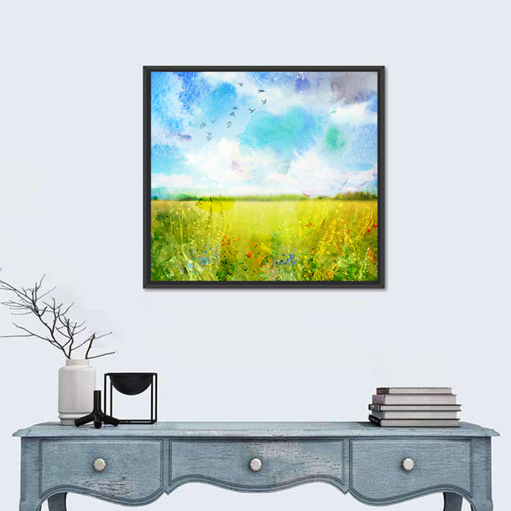 Watercolor Wildflower Field Wall Art in a room, square